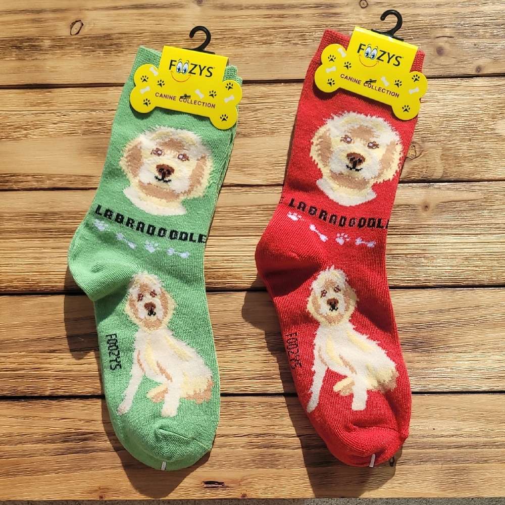 NWT Foozys Labradoodle Dog Socks Red And Olive - 2 Pair Set - Unisex